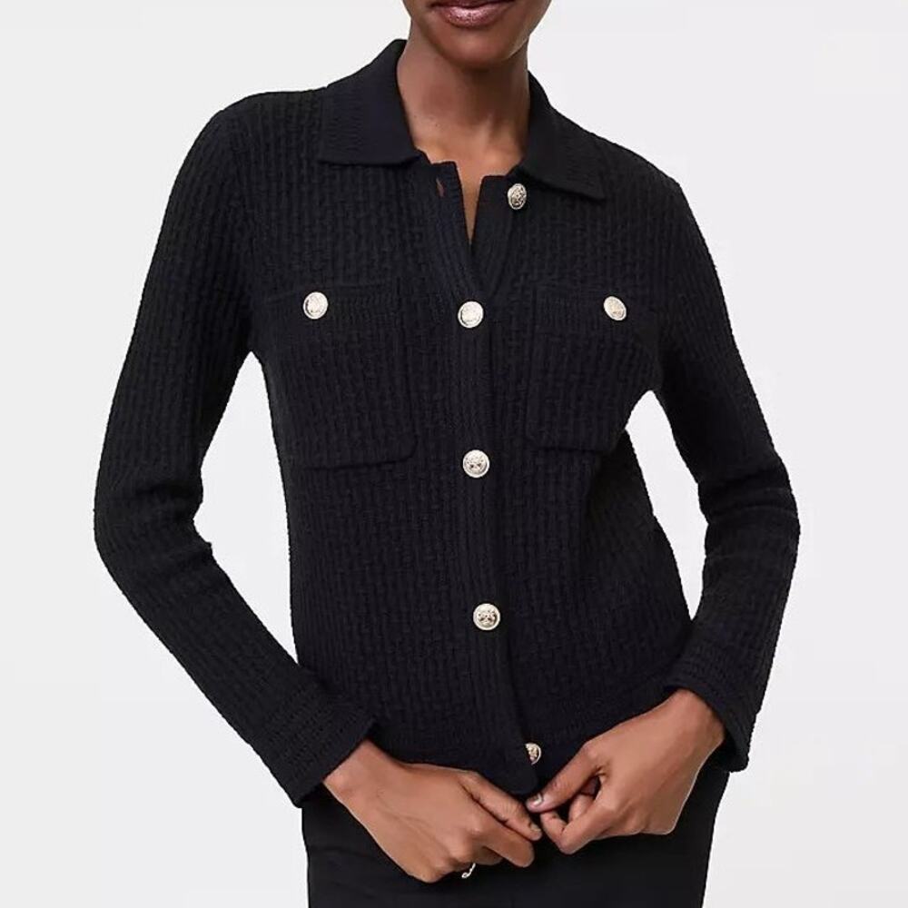 Ann Taylor Textured Stitch Sweater Jacket Black Medium NEW Gold Buttons